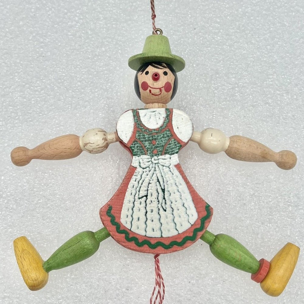 VTG Wooden Christmas Pull String Ornament Made In Austria 6” Tall
